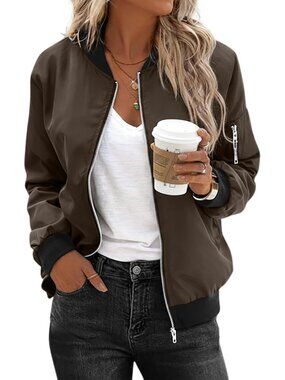 Women's Coffee Polyester Zip Up Sweatshirt Long Sleeve Casual Bomber Jacket